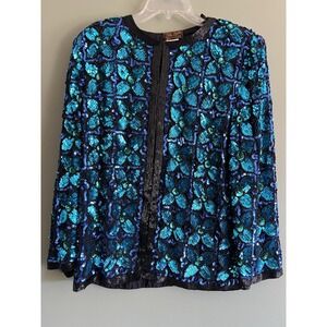 Vintage Eve's Allure Blue and Black Beaded Sequin Silk Top Blouse Shirt